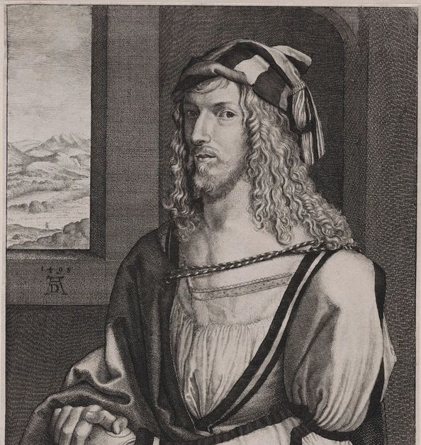 An engraving of a young man in medieval clothing with gloved hands clasped together.