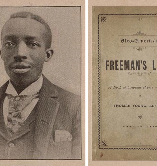 Black-and-white photo of Thomas Young (left) and the “Afro-American Freeman’s Light” book cover.