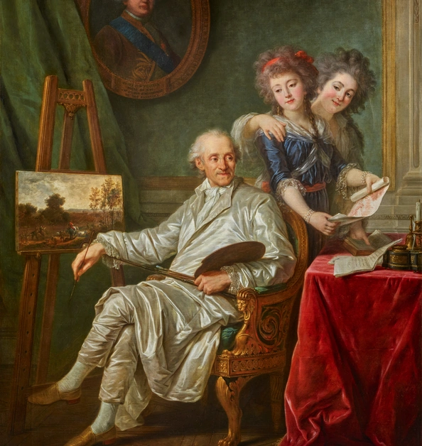 A painting of an older man wearing a white coat, seated near an easel. Behind him are two women, looking at a scroll.