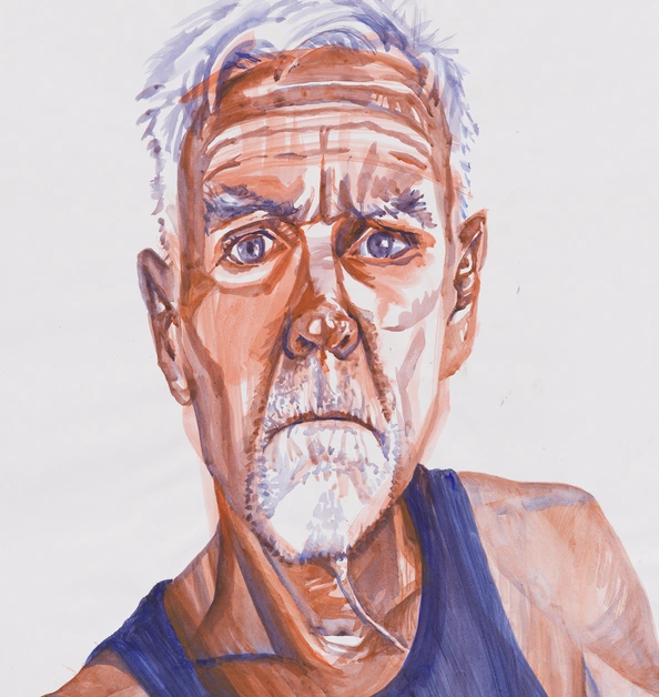 A painted portrait of a man with white hair wearing a blue tank top.