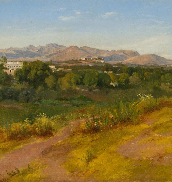 A painting of a landscape with dense trees and mountains in the distance.