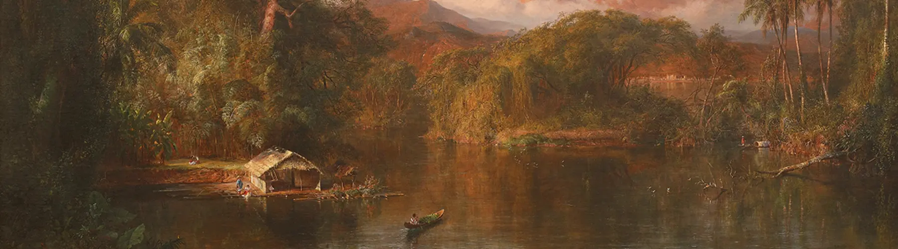 painting of boat on lake with mountains in background