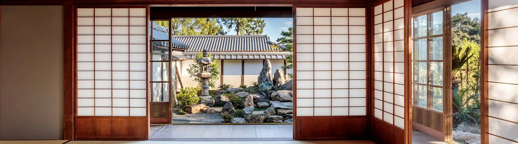 View from the formal reception of the Shōya House, with sliding doors open to the private garden.