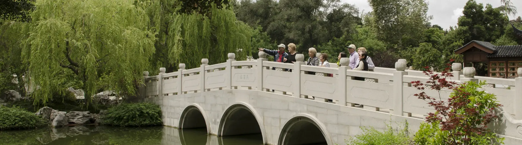 A group of people stand on a bridge in a Chinese-style garden.