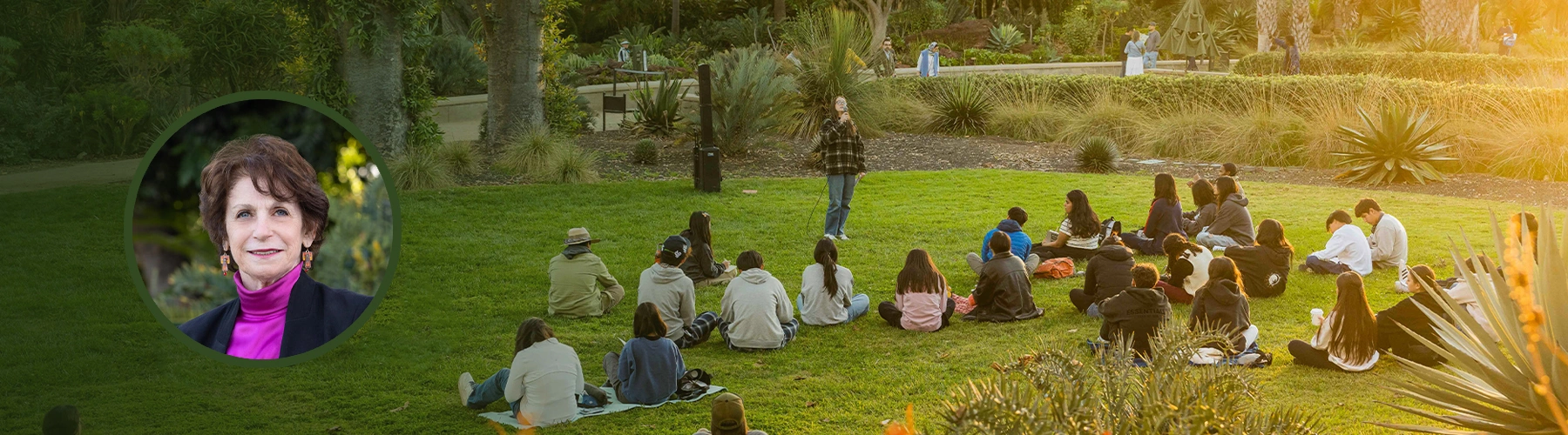 A composite image of a group of people sitting on a lawn in front of blooming orange flowers, on left a person's portrait in a circular overlay.