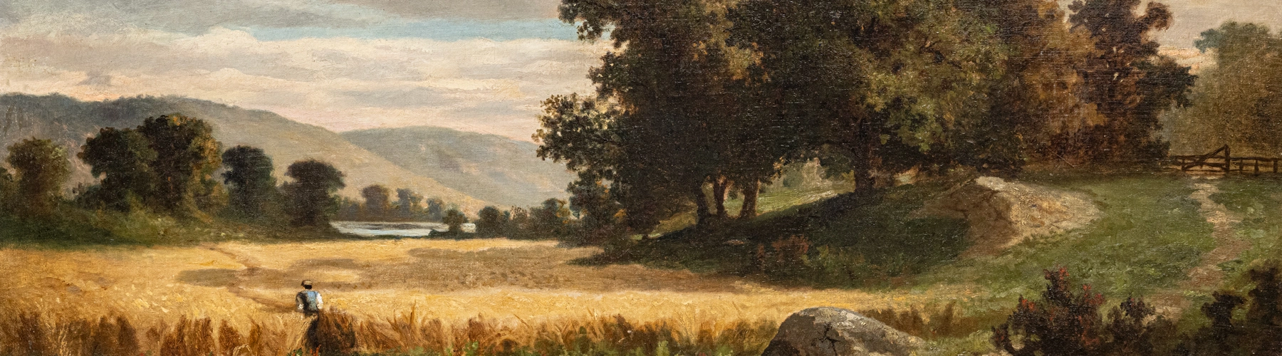 A landscape painting featuring a group of large trees over an open field of dry grass.