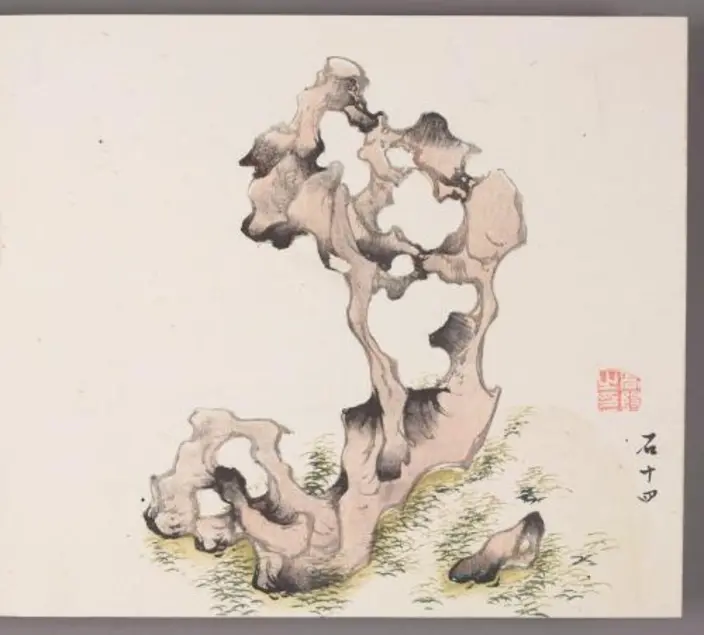 Woodblock print featuring a large rock filled with holes. 