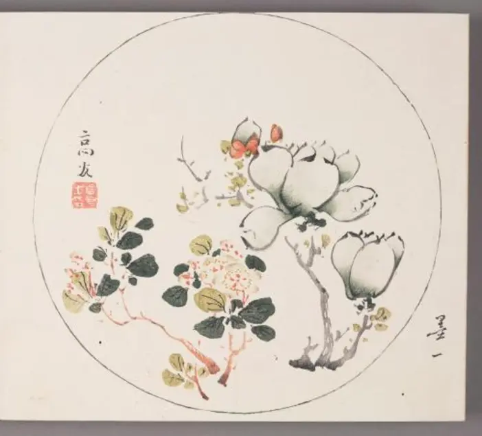 Woodblock print featuring two big white lotus flowers and small green leaves growing from a greyish brown branch and two bunches of small red and white crabapple flowers and green leaves growing from a reddish brown branch.  
