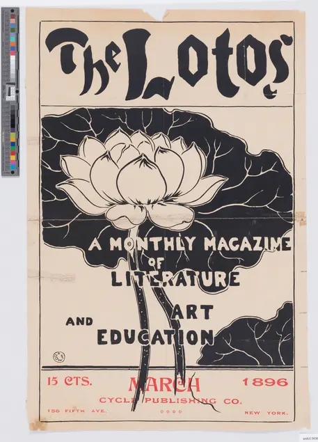 Black and white magazine cover with a lotus illustration on the cover. Red text at the bottom reads "March" "Cycle Publishing Co." "15 CTS" "1896" "156 Fifth Ave." "New York"