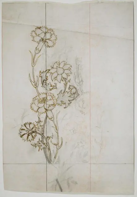 Pencil drawing of a floral design with four flowers growing upward. A vertical line bisects the flowers.