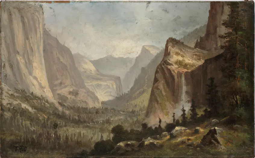 Painting of a valley with greenery in the valley basin and high vertical mountains. A waterfall is visible on one of the mountain faces.