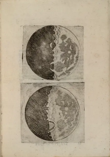Two illustrations of the moon showing a jagged line down the center. The top illustration has the line almost exactly in the middle and the bottom illustration has the line slightly to the left. To the left of the lines the moon is dark and to the right of the lines the moon is light.