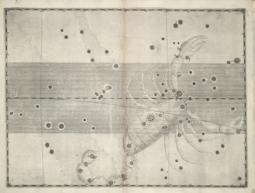 Printed chart with stars of different sizes and an illustration of a scorpion