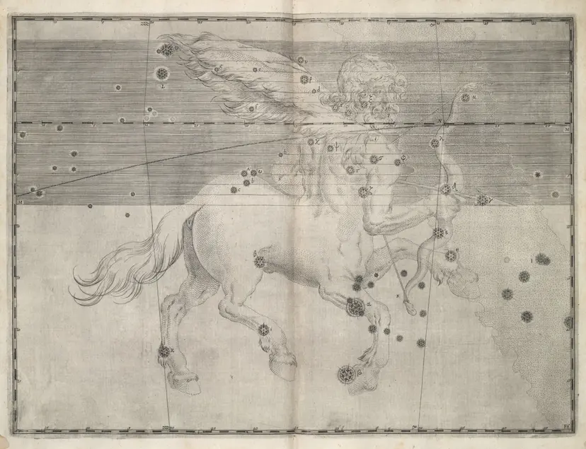 Printed chart with stars of different sizes and an illustration of a winged centaur holding a bow and arrow