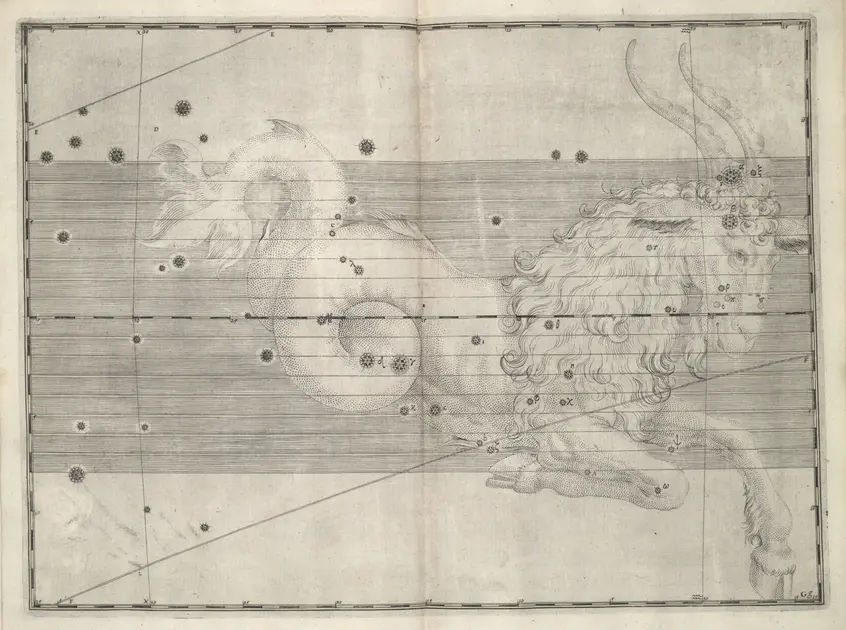 Printed chart with stars of different sizes and an illustration of a creature with the head of a horned goat and the finned tail of a sea creature.