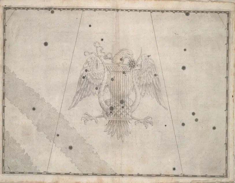 Printed chart with stars of different sizes and an illustration of a bird of prey with a harp-like instrument in front of it