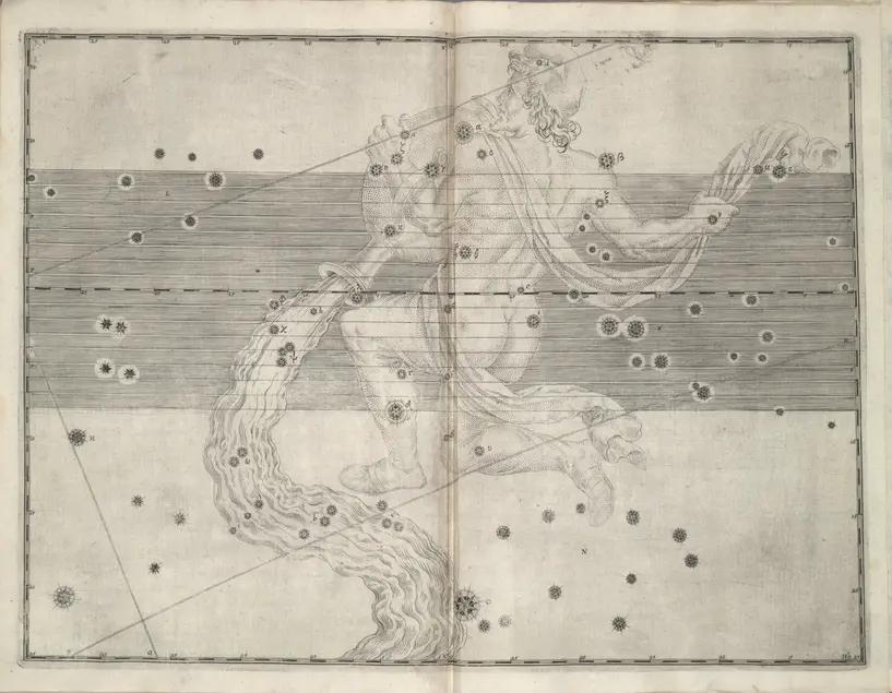 Printed chart with stars of different sizes and an illustration of a person with a thin piece of cloth draped around them as they spill liquid from a large vase