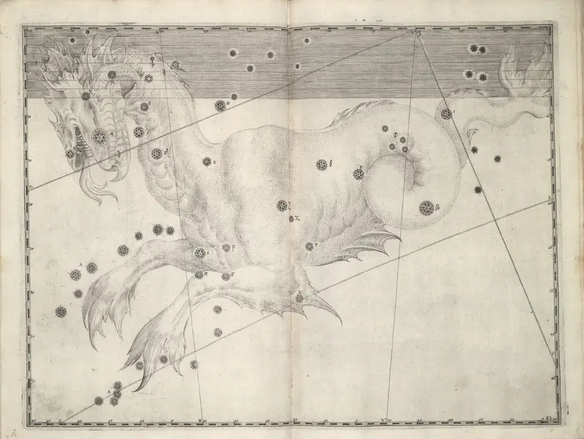 Printed chart with stars of different sizes and an illustration of a sea serpent-like creature
