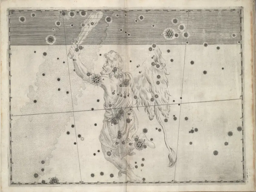 Printed chart with stars of different sizes and an illustration of a person in loose robe clothing holding a lion skin on one arm and a club in the other hand.