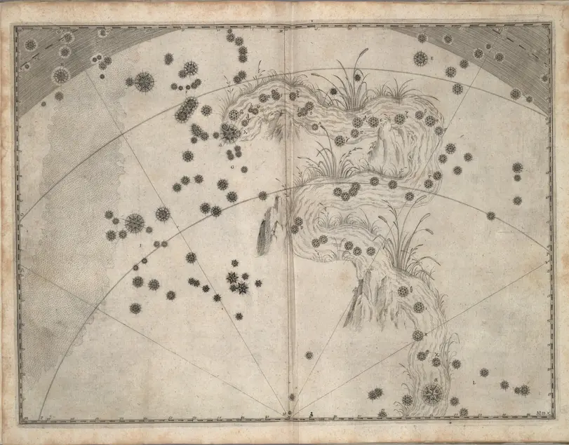 Printed chart with stars of different sizes and an illustration  of a river with grasses growing on the banks