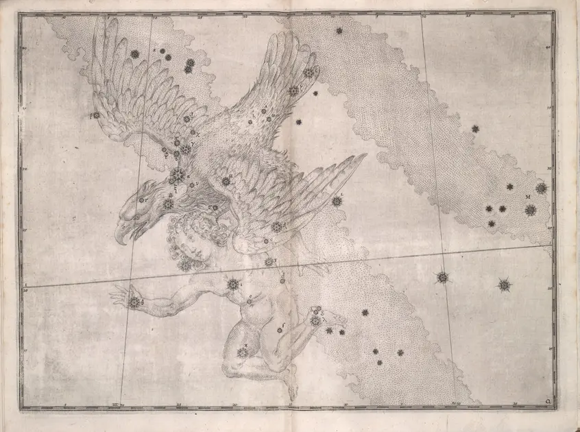 Printed chart with stars of different sizes and an illustration of a large bird carrying a naked human