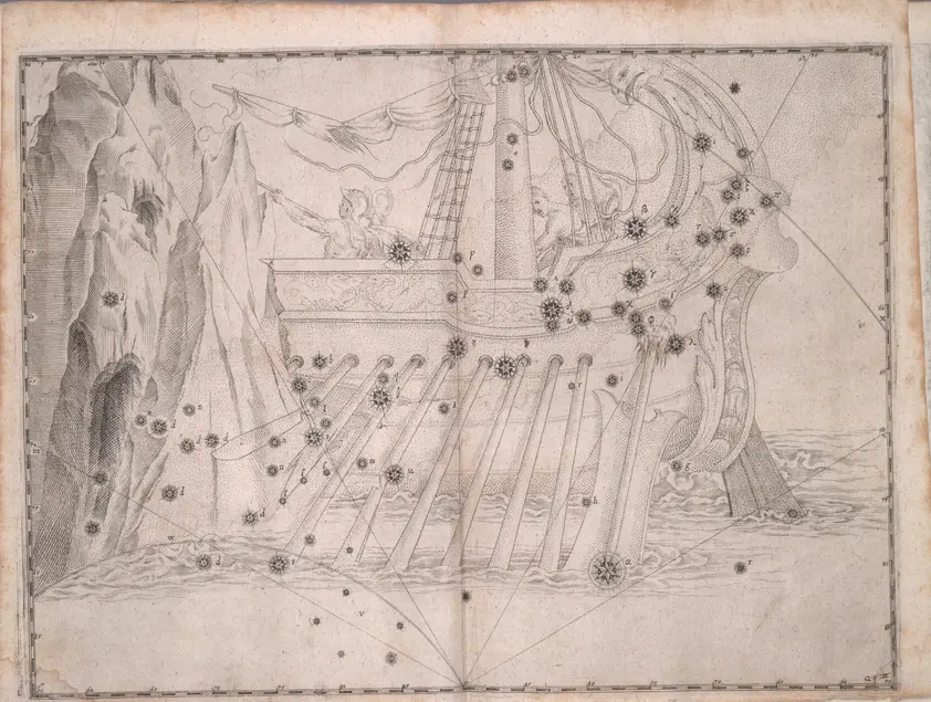 Printed chart with stars of different sizes and an illustration of a large and decorated ship with four people on board. The ship is  passing a large rock formation