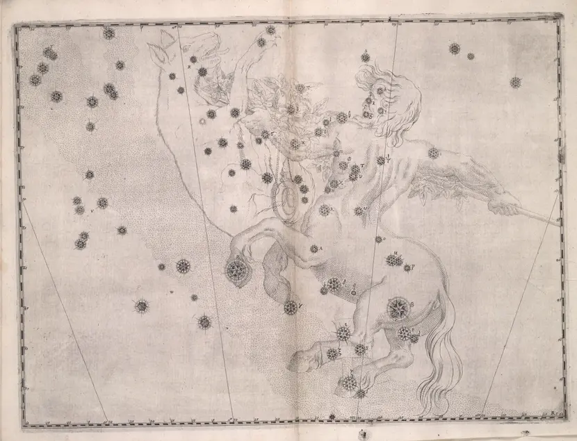 Printed chart with stars of different sizes and an illustration of a centaur battling a dog-like creature