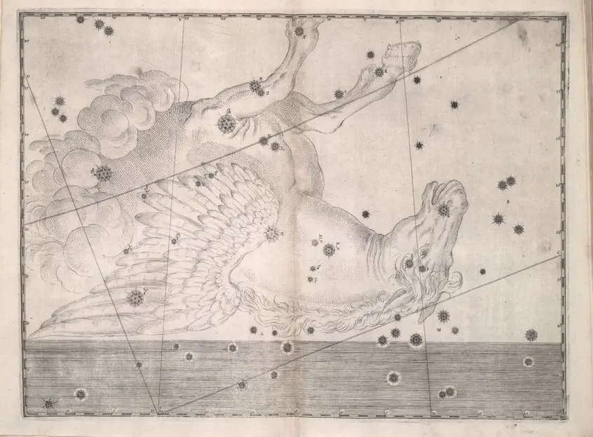 Printed chart with stars of different sizes and an illustration of an upside-down winged horse with the front half of its body emerging from a cloud