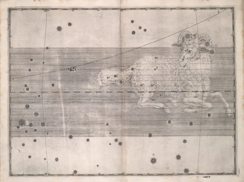 Printed chart with stars of different sizes and an illustration of a ram