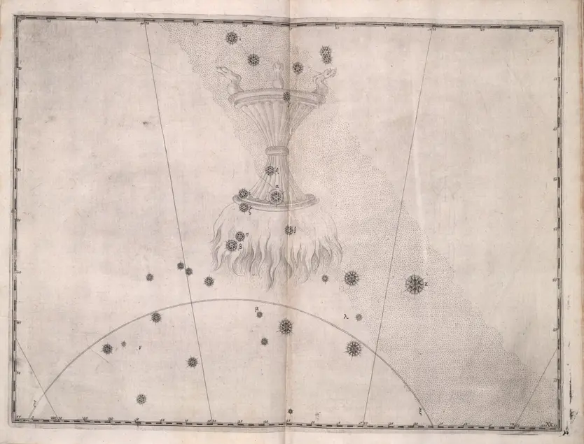 Printed chart with stars of different sizes and an illustration of an hourglass shape with flames coming out the bottom and three foot-like objects coming out the top