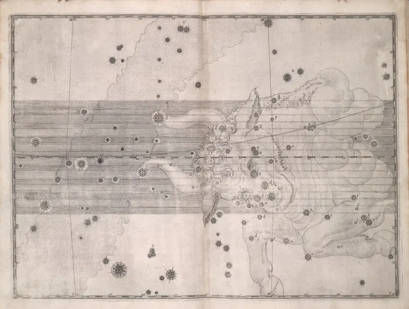 Printed chart with stars of different sizes and an illustration of the head of a bull