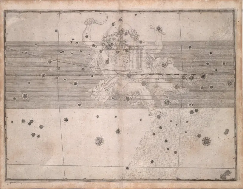 Printed chart with stars of different sizes and an illustration of two people who look the same embracing. One holds an arrow and the other holds a hand scythe.