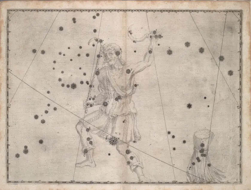Printed chart with stars of different sizes and an illustration of a person with a scythe beside a bundle of grain