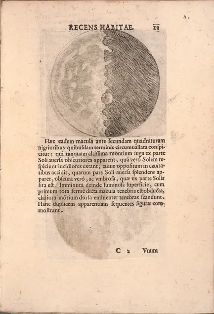 An illustration of the moon with a jagged line separating the dark right half from the light left half. Printed Latin text is below the illustration.
