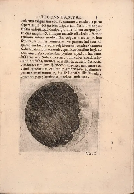 An illustration of the moon with the majority of the moon in darkness and a righthand crescent in lightness. Above the moon is printed Latin text.