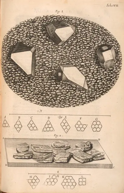 Printed illustration of four non-geometric forms on a black and white background. The forms have high contrast. Below the forms are drawings of circles in different formations and rocks on a flat surface.