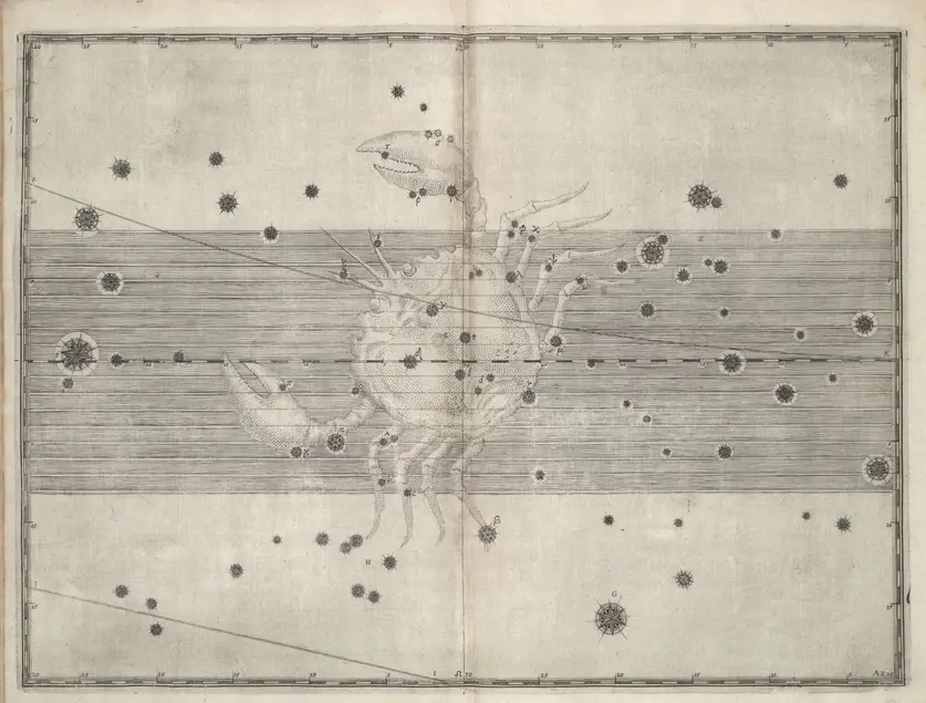 Printed chart with stars of different sizes and an illustration of a crab
