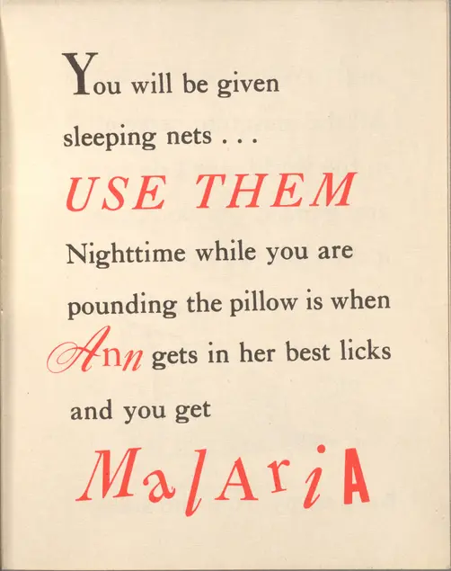 Text reads: You will be given sleeping nets... USE THEM Nighttime while you are pounding the pillow is when Ann gets in her best licks and you get MALARIA. "Use them" "Ann" and "Malaria" are written in red.