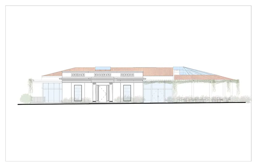 Elevation drawing shows details of the main entrance and the new pavilion opening onto the Shakespeare Garden on its right.