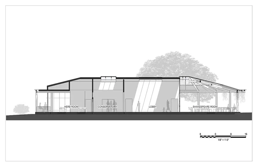 Sectional drawing of the tea room renovation plan highlights the inside and outside of the building, from east to west.