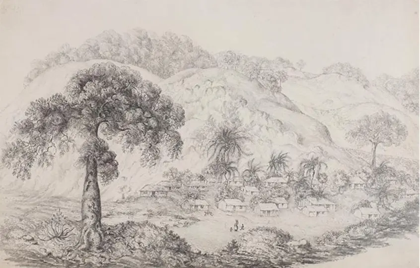 Mary Clementina Barrett, Slave houses on the Barrett plantation, Jamaica, ca. 1830.