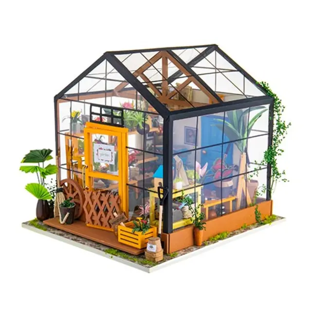 A 7 inch by 7.7 inch miniature garden house with potted plants, flowers, doors, vines and more.