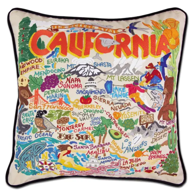 A square throw pillow adorned with the names and landmarks of many California cities.