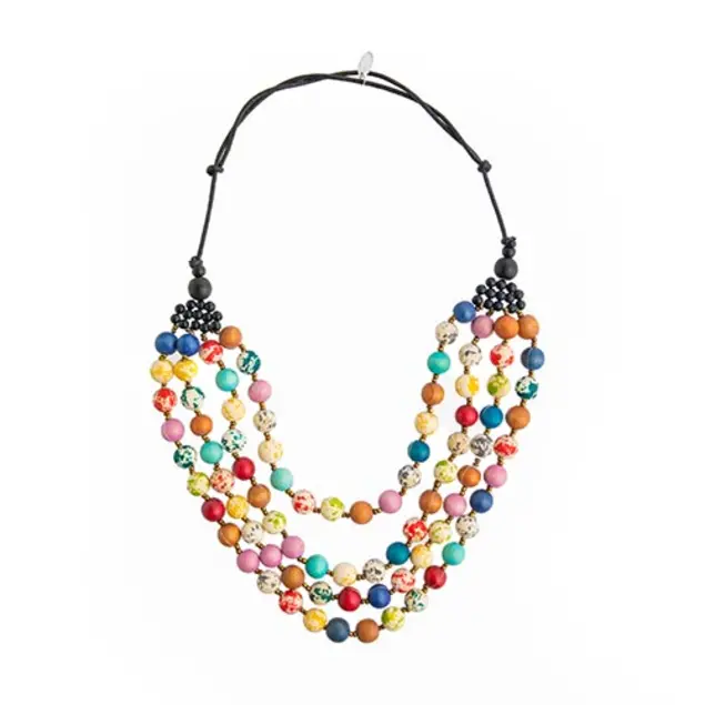 A handcrafted 4-strand, multi-colored wood bead necklace.