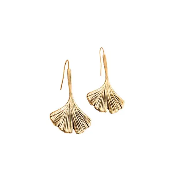 A pair of gold-plated pewter earrings in the shape of little ginkgo tree leaves.
