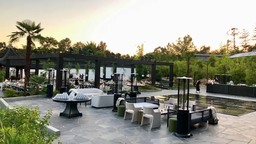 Event space set up as the sun sets.