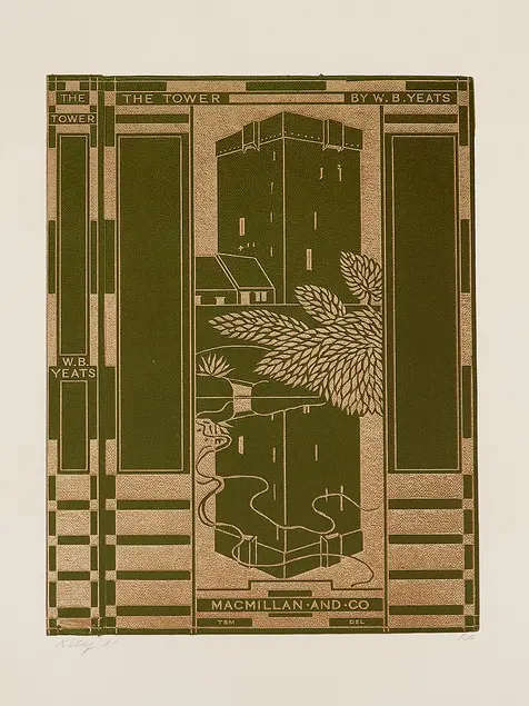 A duotone book cover depicting a narrow tower overlooking a body of water, layered in vegetation.