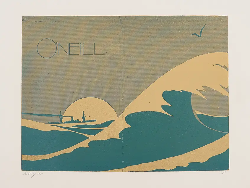 Duotone book cover depicting the ocean, with a large wave in the foreground, and a distant boat silhouetted against the sun.