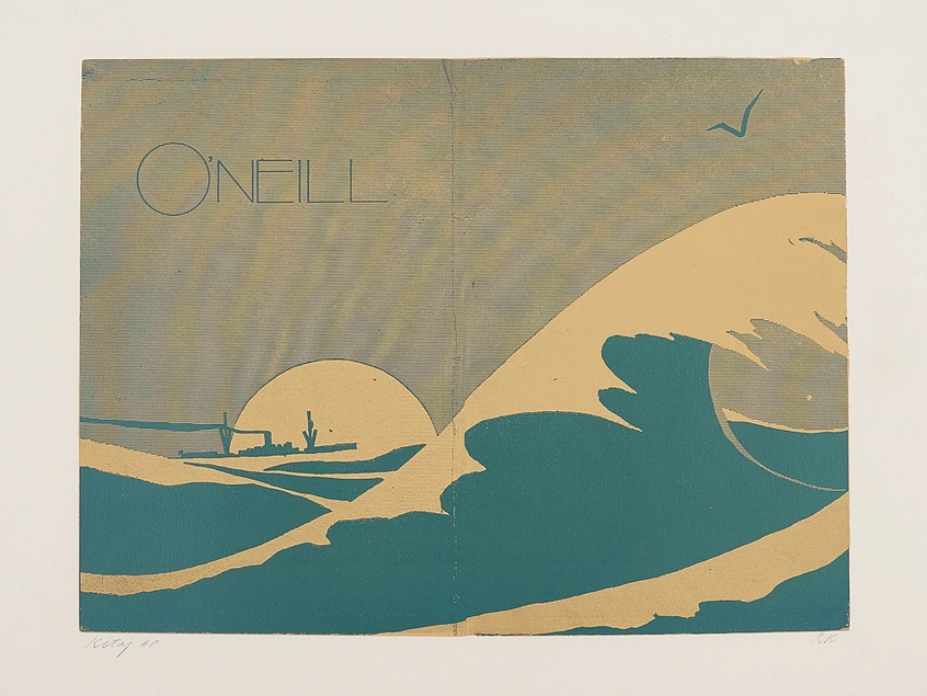 Duotone book cover depicting the ocean, with a large wave in the foreground, and a distant boat silhouetted against the sun.