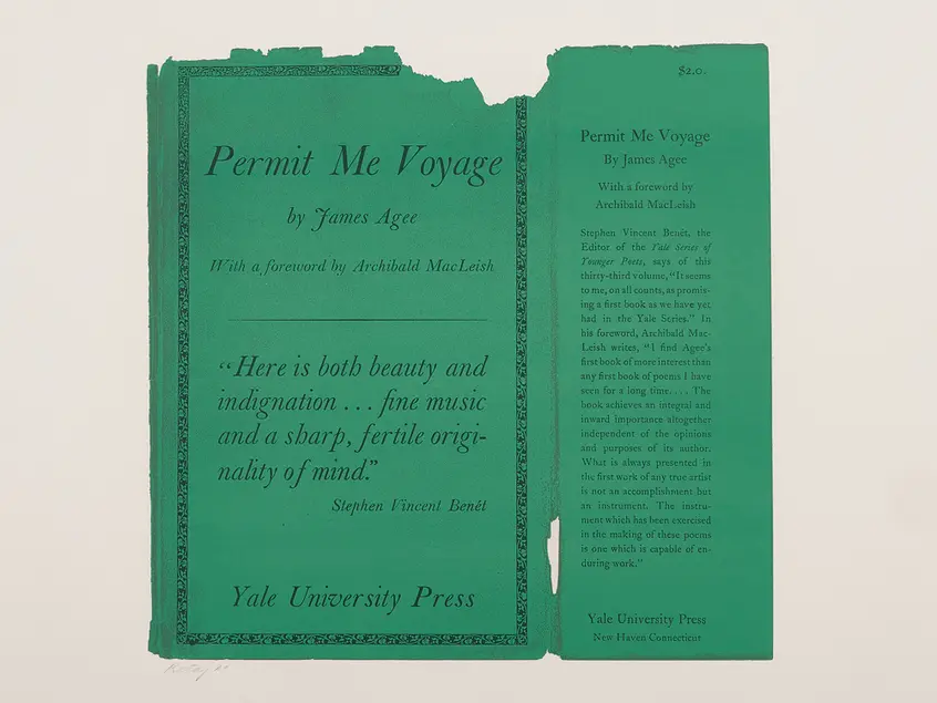 A green book cover with torn edges, covered in black text. 
